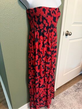 Strapless Red and Navy Floral Maxi Dress